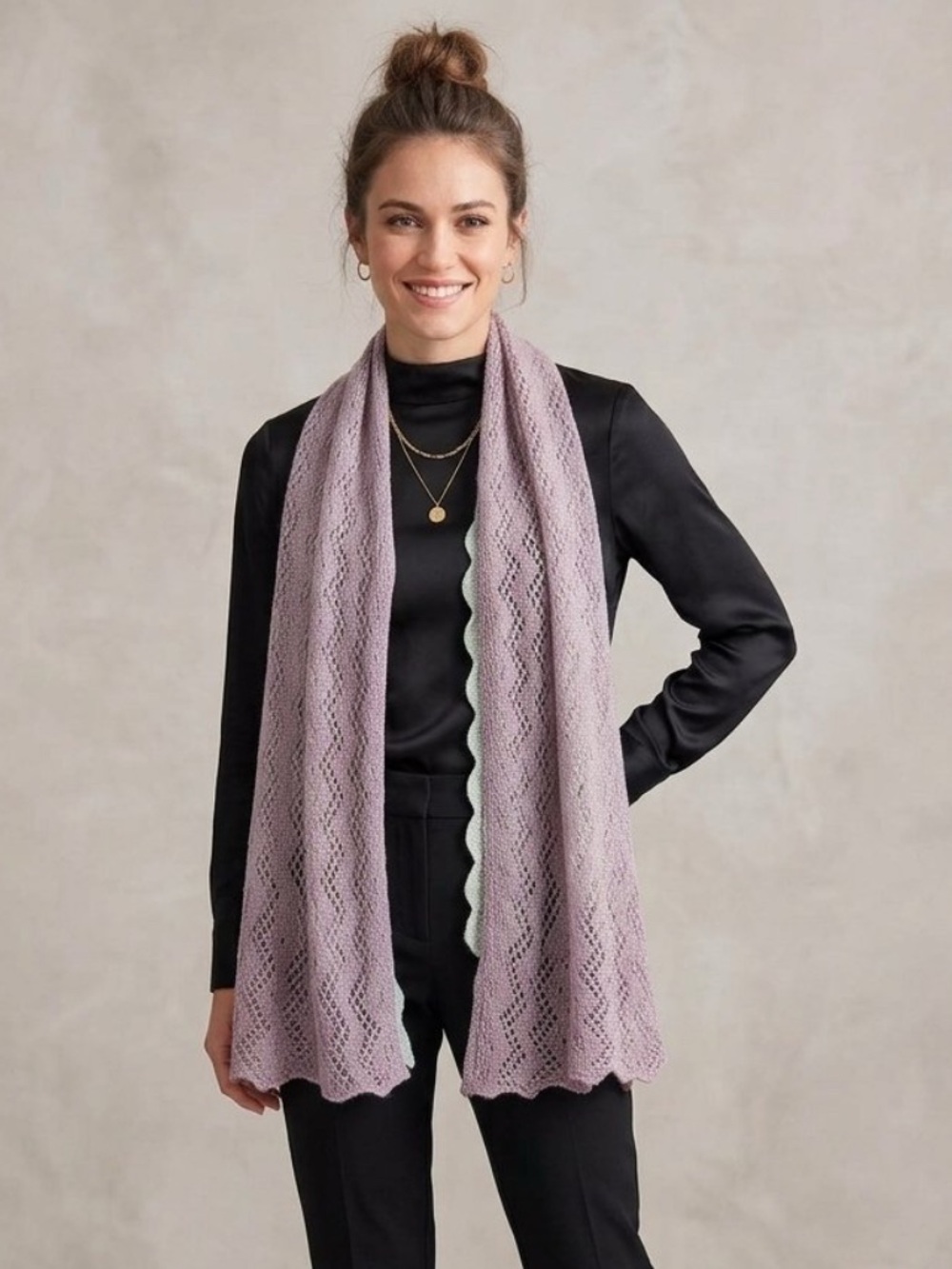 20” x 64” Elegant Crocheted Purple Lace Scarf w/ Ruffle Edges
